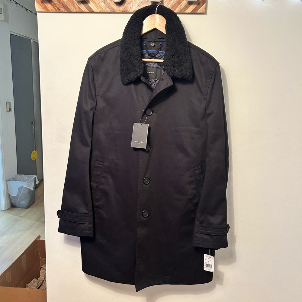 Paul Smith Black Trench Coat Removable Faux Fur Collar & Removable Quilted Vest